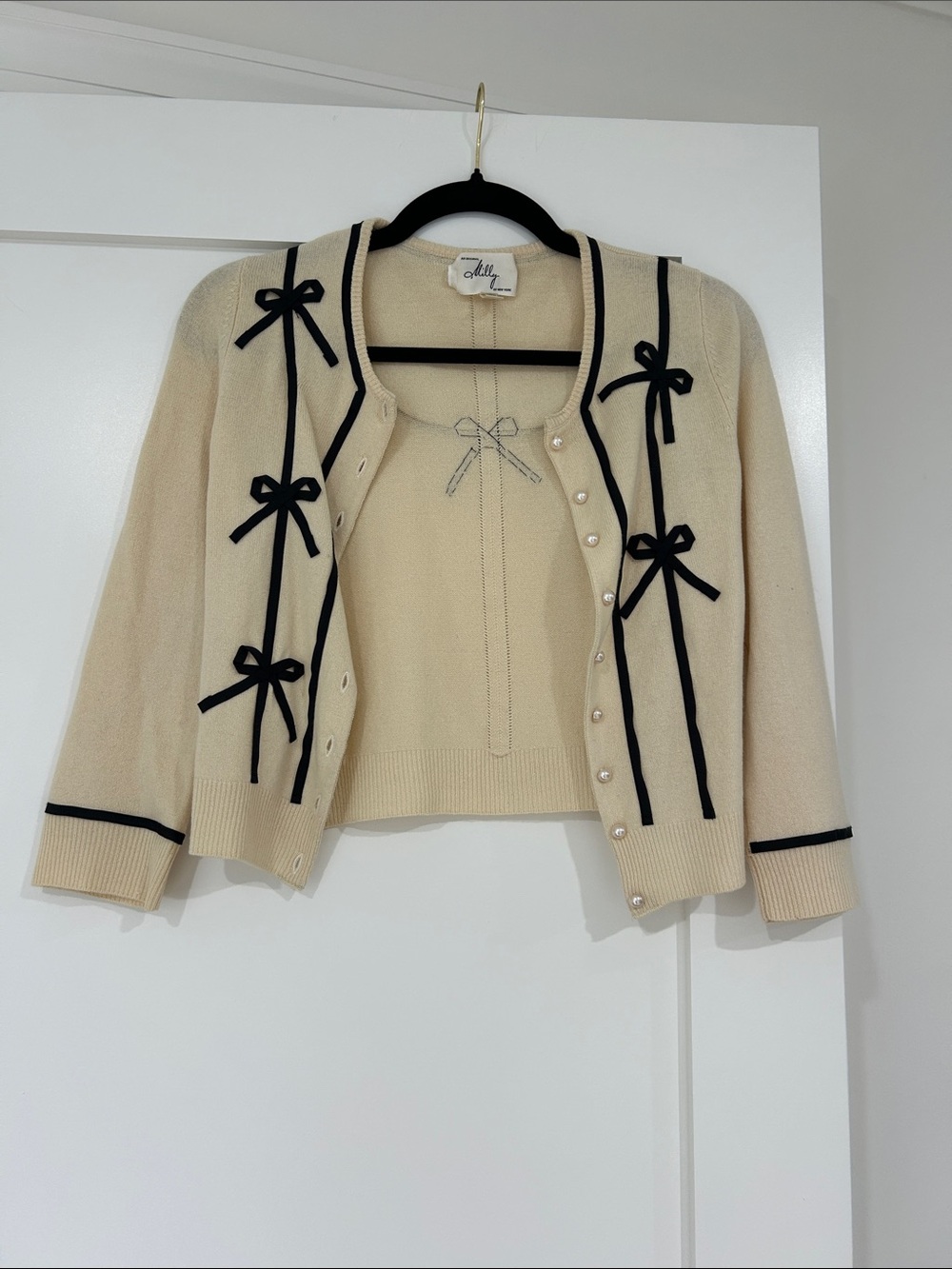 Milly Cream Cardigan and Shell with Black Bow Trim